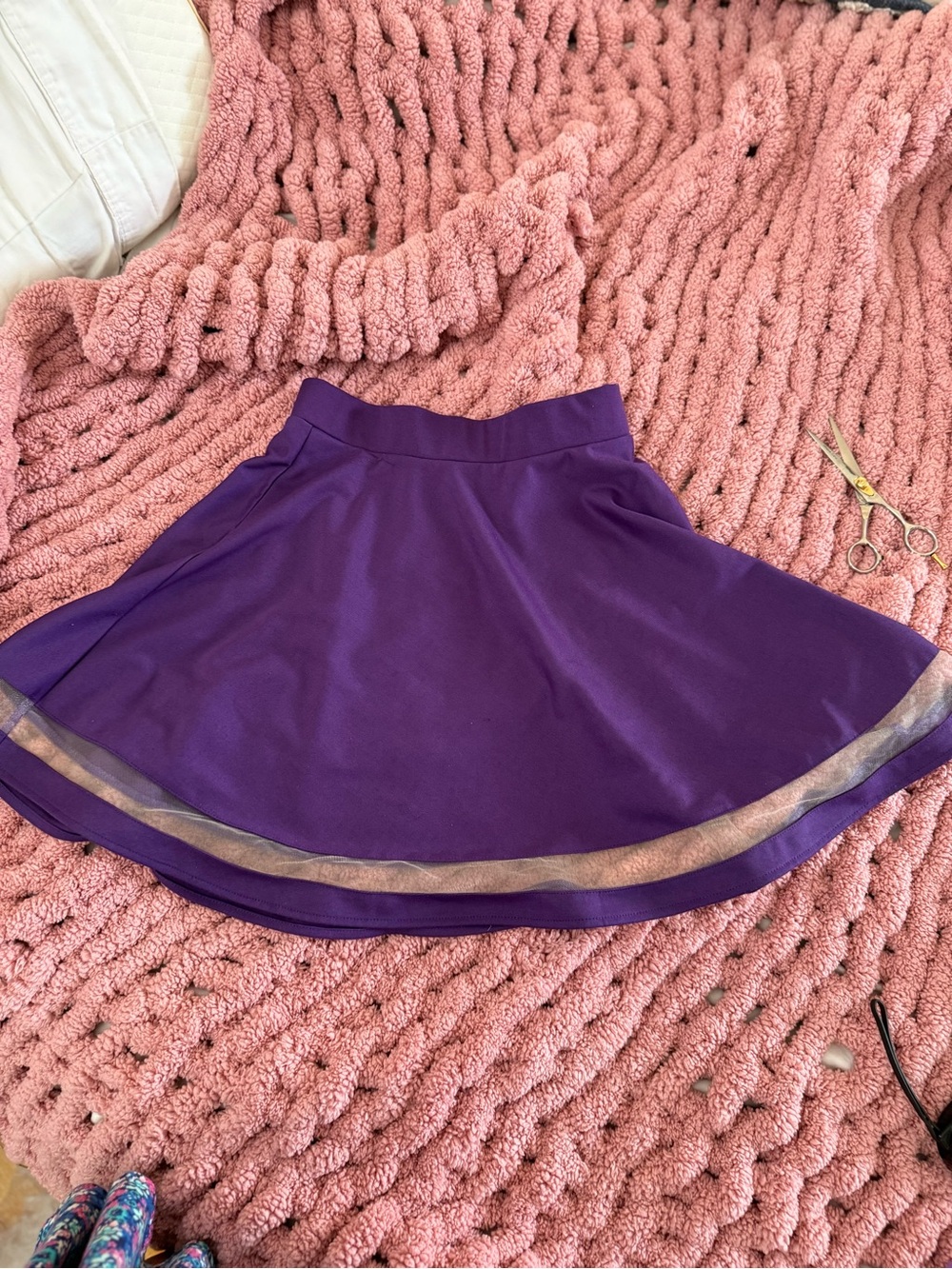 Y2K Purple High Waist Flared Skater Mini Skirt Sheer Mesh Hem Accent Small
